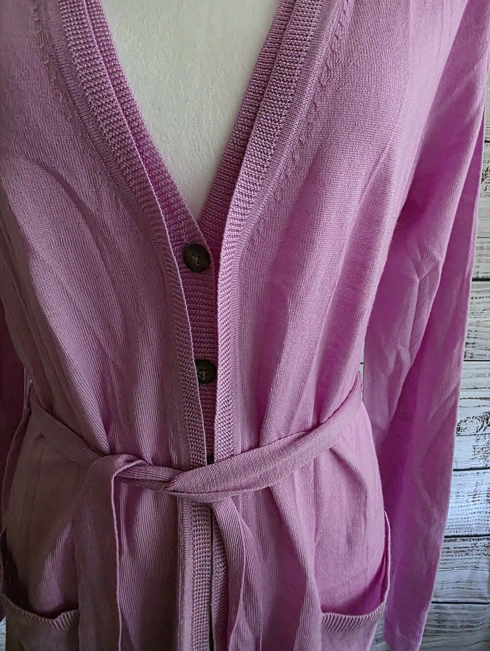 Talbots Lavender Tie-Waist Lounge Cardigan 100% Wool Knit Size Medium - Picture 4 of 6